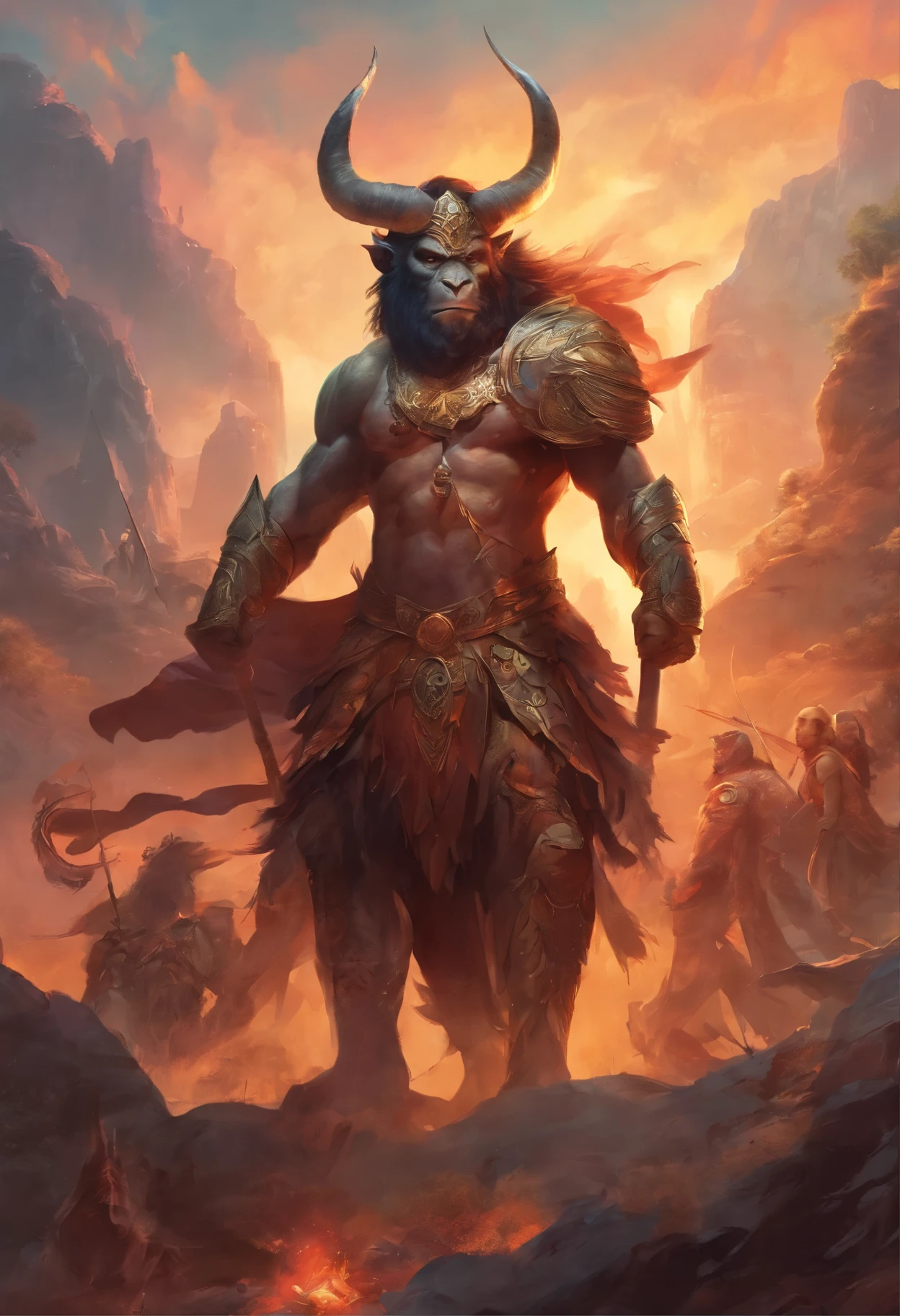 An 8K high-definition portrait, Devil Apes with tribal ornaments, standing like hero in a crowd fighting war land with lots of horse, heroic look, masterpiece, ultradetail, 8k