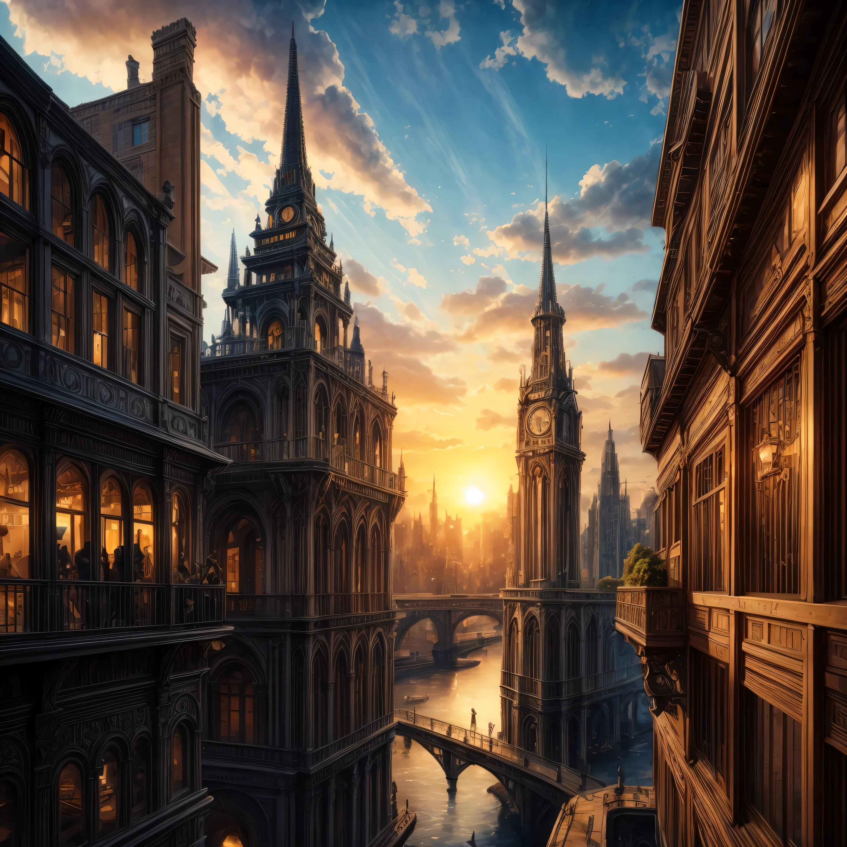 Steampunk city from afar, bronze and gold, watercolor, intricate detail, magical, unusual, beautiful but weird, steampunk airships, sunset