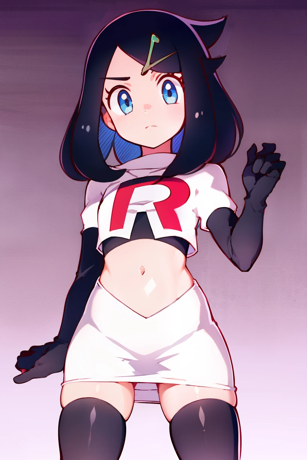 liko, 1girl, solo, flat chest,looking at viewer, blue eyes, black hair, hair ornament, hairclip, eyelashes, team rocket,team rocket uniform,white skirt,crop top,black thigh-highs,black elbow gloves,