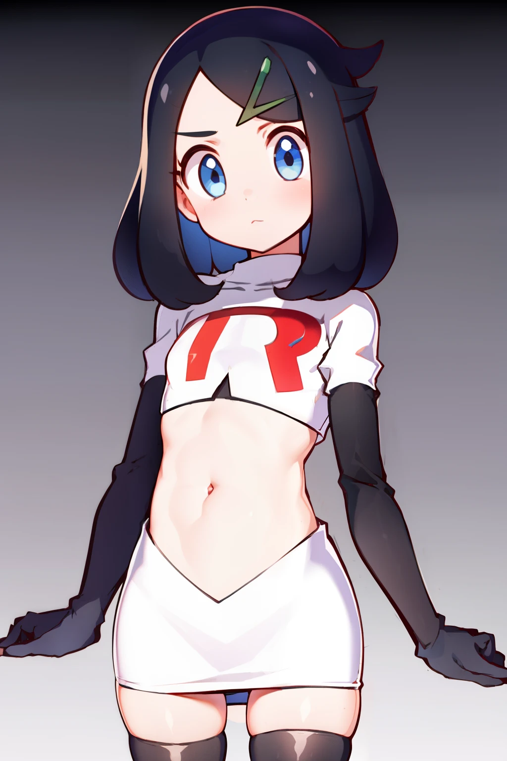 liko, 1girl, solo, flat chest,looking at viewer, blue eyes, black hair, hair ornament, hairclip, eyelashes, team rocket,team rocket uniform,white skirt,crop top,black thigh-highs,black elbow gloves,