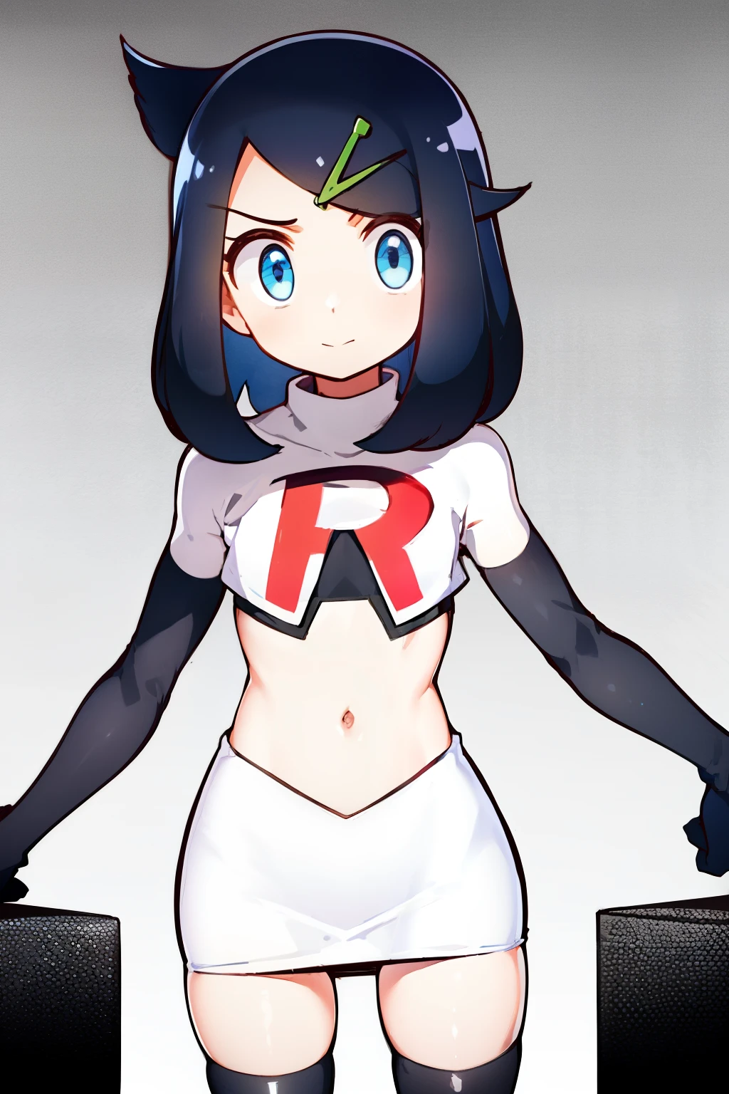 liko, 1girl, solo, flat chest,looking at viewer, blue eyes, black hair, hair ornament, hairclip, eyelashes, team rocket,team rocket uniform,white skirt,crop top,black thigh-highs,black elbow gloves,