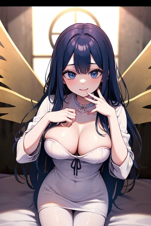 Black hair, blue eyes, large breast, sexy, beautiful body, bed, Masterpiece, angel, white wings, smile