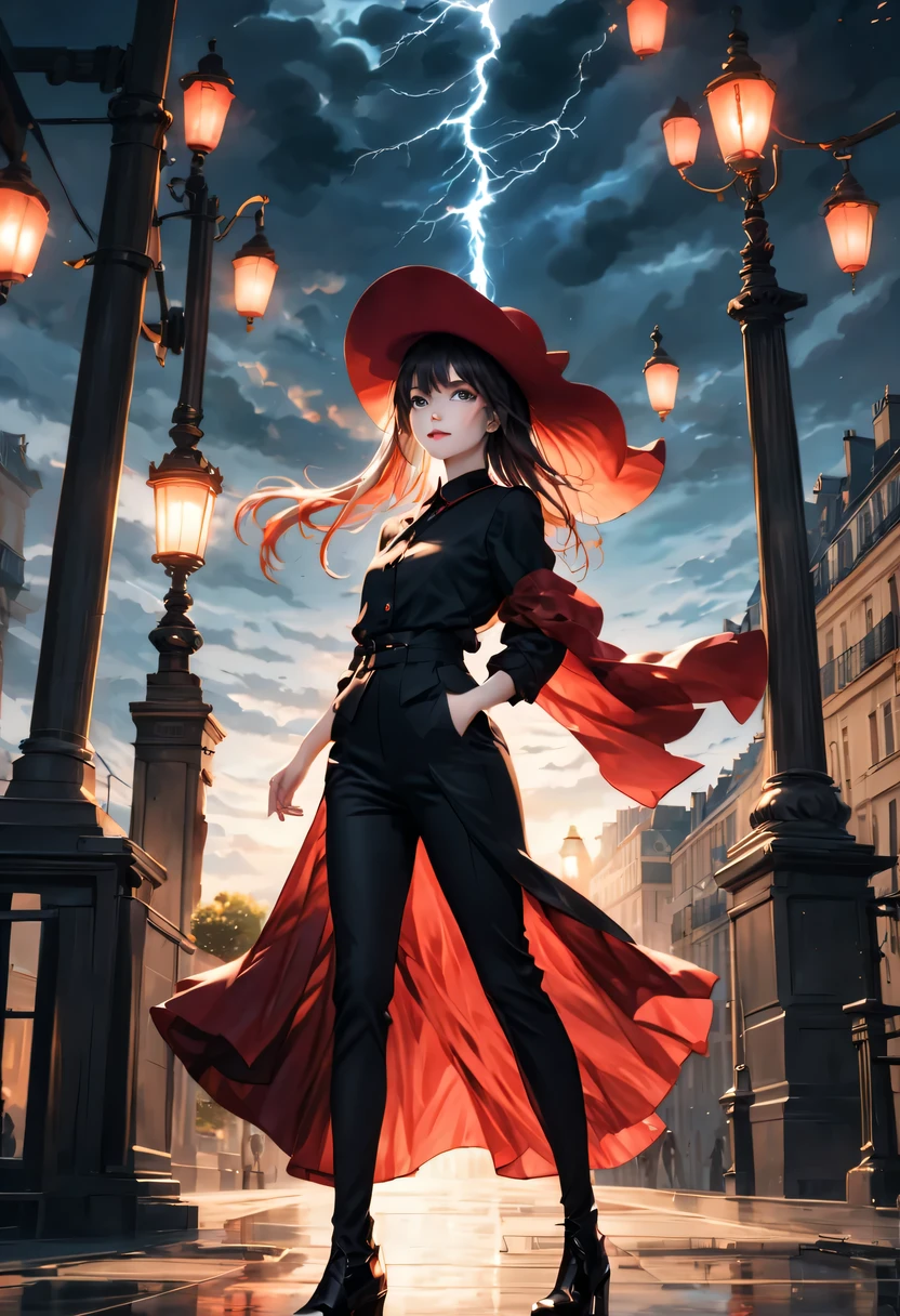 (actual:0.2), anime illustration, 1 girl,, Infrared sleeve, big red hat, Paris, France, SFW, black pants, black office shirt,, Carmen reason,, blue sky,, long hair,, dramatic lightning, lamp, epic lamp, There is light on the face, backlight, Menko, Illuminated face, 补光lamp, 补光lamp, ((masterpiece)),   (Carmen_reason_v1-1_Shurik-2000:0.6)