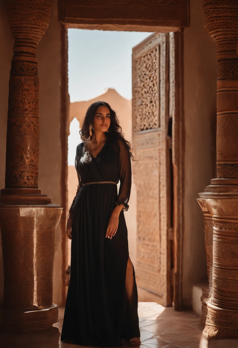 Certainly, let's create a more realistic and grounded description: Meet Leila, a down-to-earth 24-year-old Moroccan woman with a warmth that mirrors the golden hues of the Atlas Mountains. Leila's naturally black long hair, often tied in a loose ponytail, reflects a practical and comfortable style that complements her active lifestyle. Leila's wardrobe is a mix of casual and culturally inspired pieces. She often opts for a simple, yet stylish, black dress that allows her to move freely as she navigates the daily hustle of Moroccan life. The dress, adorned with subtle embroidery or local motifs, reflects her connection to tradition while embracing modern simplicity. With a minimal approach to makeup, Leila's features radiate authenticity. Her expressive dark brown eyes hold a depth of experience and curiosity, while a hint of neutral lip balm adds a touch of natural glow. Her beauty lies in the genuine and unfiltered charm that she brings to every interaction. Leila's days are filled with a blend of work, family, and community activities. Whether she's sharing stories with friends at a local café, participating in community events, or simply enjoying a quiet moment in a nearby park, her presence is marked by a sense of realness and sincerity. In the midst of Morocco's everyday life, Leila's black dress becomes a symbol of practical elegance, representing the beauty found in simplicity, cultural connection, and the authenticity that defines her character. She is a real and relatable embodiment of Moroccan grace and charm doing morocan hamam