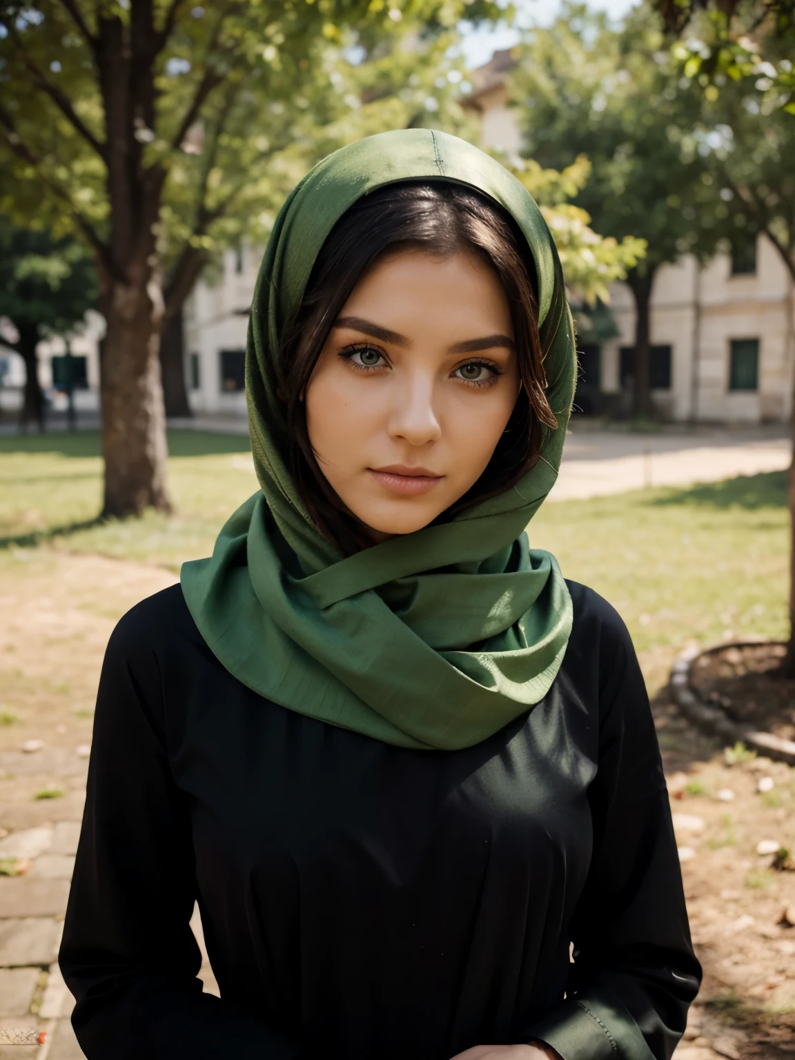 A woman with green eyes veiled by a traditional headscarf, she wears provocative clothes hidden beneath her modest exterior.

