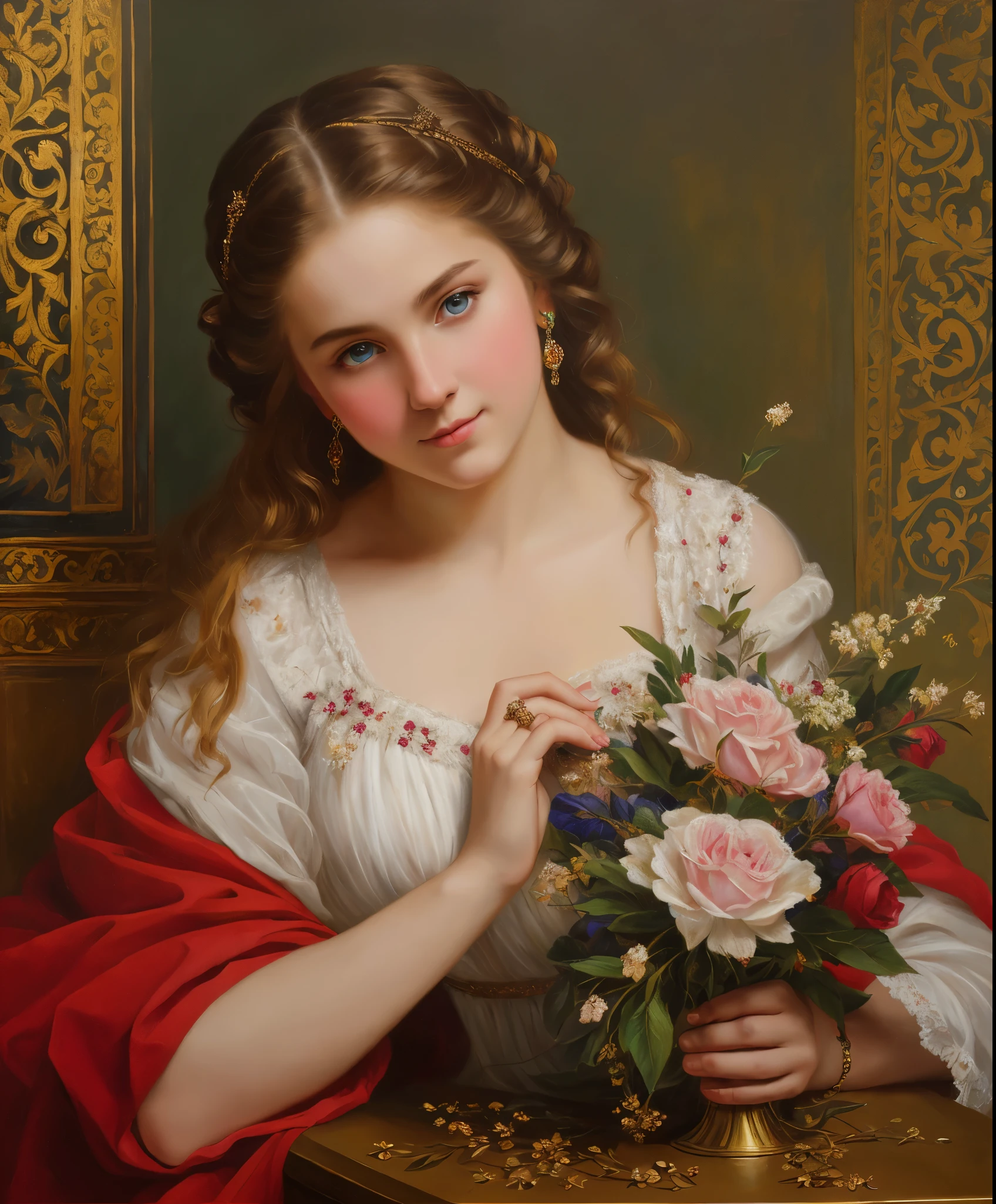 portrait, girl, middle ages, classicism, andrey atroshenko style, painting, pierced eyes, beautifully styled hair, traditional media, realistic, figurative, fine art, oil on canvas, HDR, 8K, original character, high resolution, high detail, focus on the face, beautiful eyes