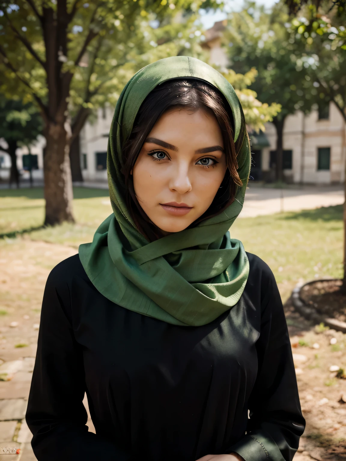 A woman with green eyes veiled by a traditional headscarf, she wears provocative clothes hidden beneath her modest exterior.

