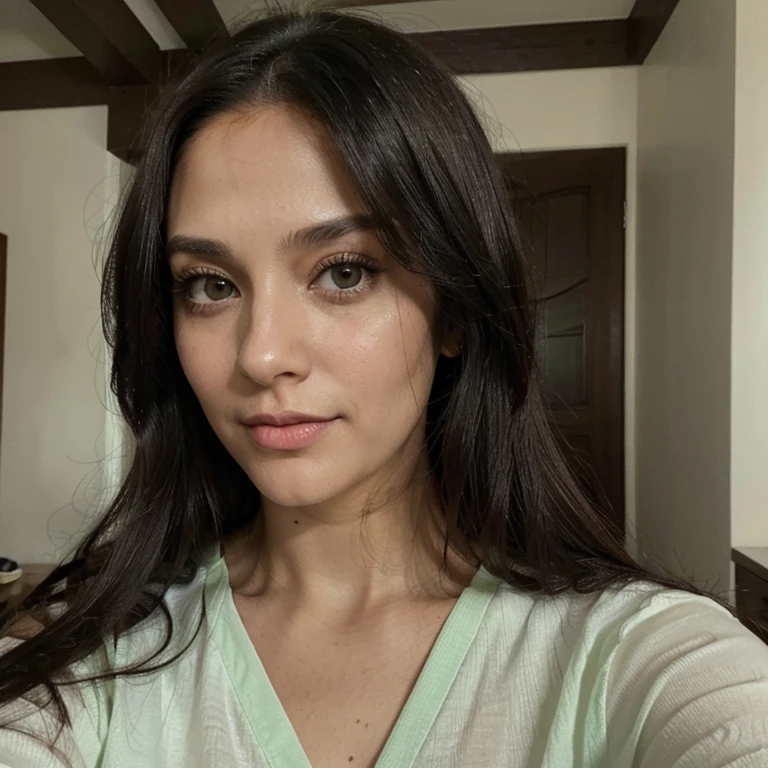 Spanish Latin Dash Brunette Woman with Long Black Hair, 33 years old, big green bright eyes, taking a selfie dressed, 