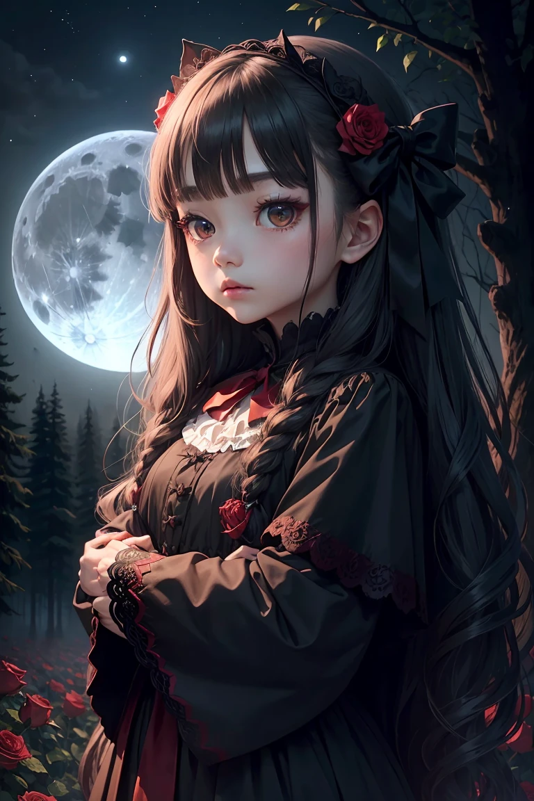 Dark and eerie forest、Full moon in the night sky、Scattering Red Roses、Bell Sleep、gothic lorita、Wide wrists、nobles、Big bright eyes、bow ribbon、Straight Long Hair、