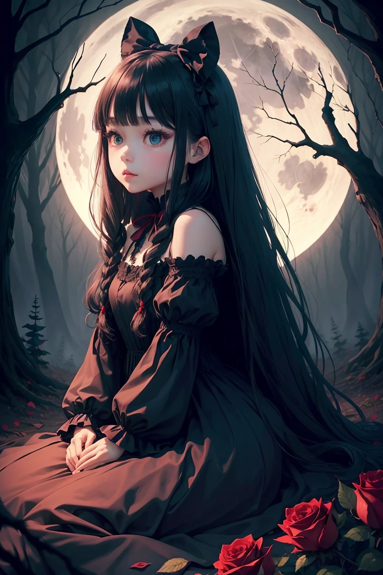 Dark and eerie forest、Full moon in the night sky、Scattering Red Roses、Bell Sleep、gothic lorita、Wide wrists、nobles、Big bright eyes、bow ribbon、Straight Long Hair、