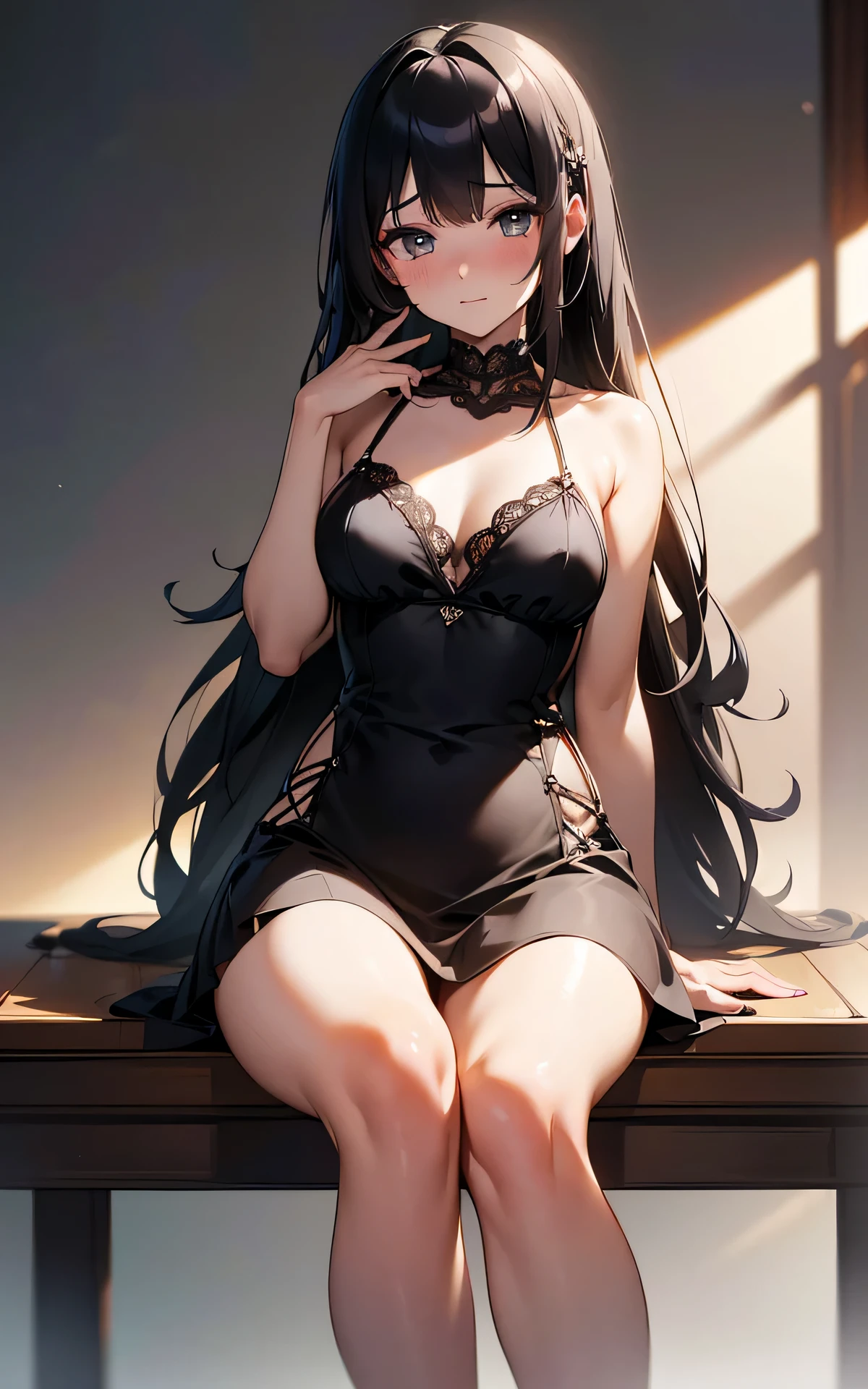 (Unity 16K Wallpaper, Masterpiece, Best Quality, Ultra Detailed, Extremely Detailed CG, Ultra High Resolution, Caustics, Detailed, Beautiful Detailed Eyes, solo, curby, negligee:1.3, portrait, embarrassed, sitting), fine skin, black hair