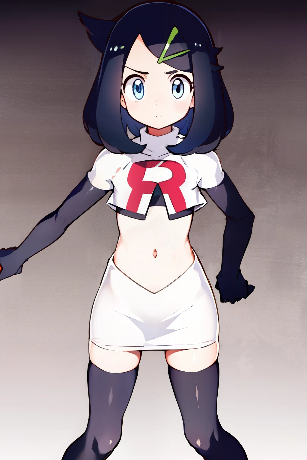 liko, 1girl, solo, flat chest,looking at viewer, blue eyes, black hair, hair ornament, hairclip, eyelashes, team rocket,team rocket uniform,white skirt,crop top,black thigh-highs,black elbow gloves,