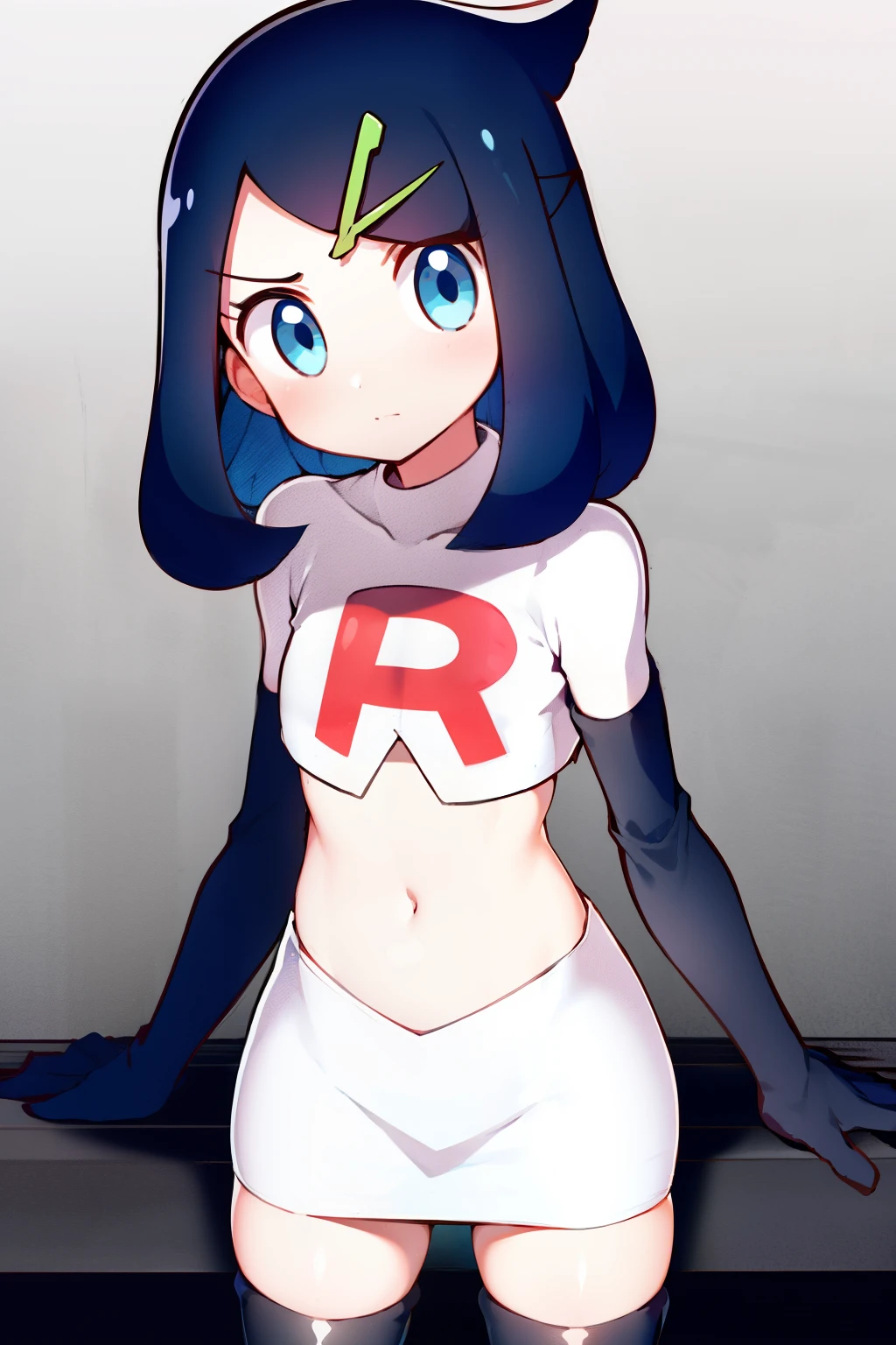 liko, 1girl, solo, flat chest,looking at viewer, blue eyes, black hair, hair ornament, hairclip, eyelashes, team rocket,team rocket uniform,white skirt,crop top,black thigh-highs,black elbow gloves,