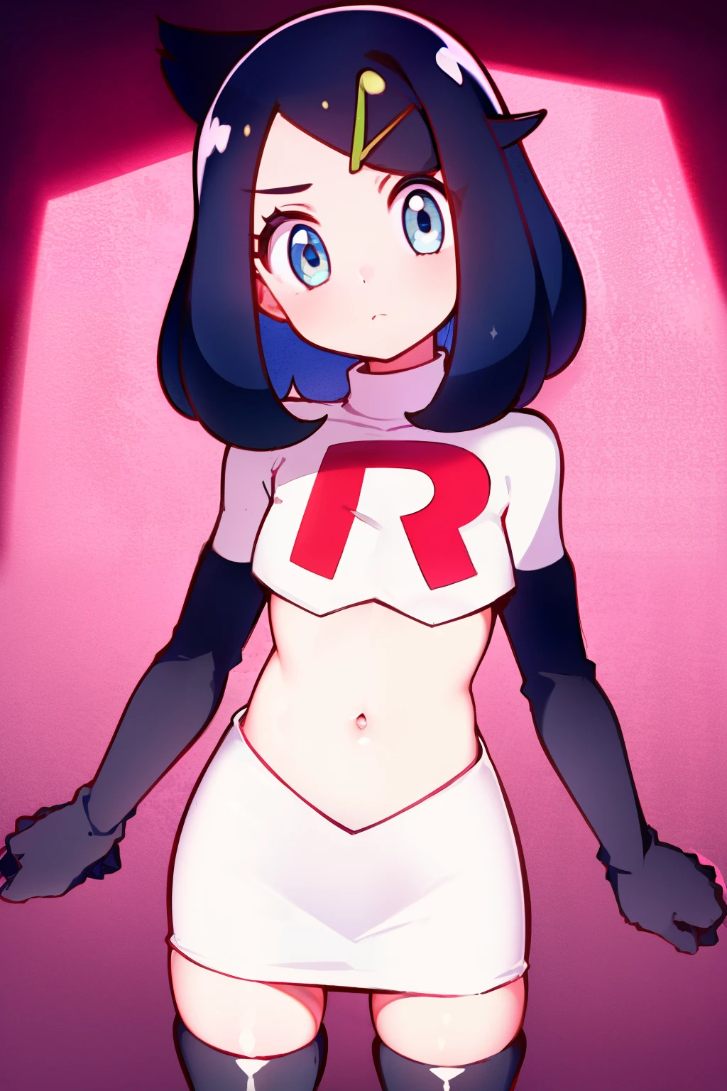 liko, 1girl, solo, flat chest,looking at viewer, blue eyes, black hair, hair ornament, hairclip, eyelashes, team rocket,team rocket uniform,white skirt,crop top,black thigh-highs,black elbow gloves,