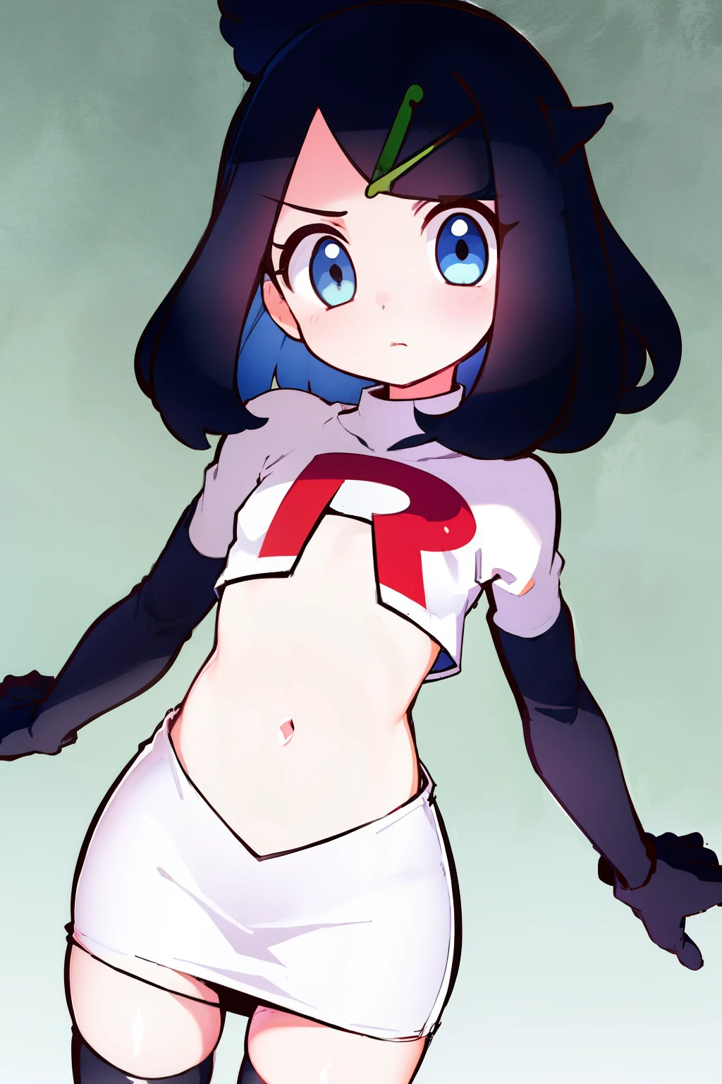 liko, 1girl, solo, flat chest,looking at viewer, blue eyes, black hair, hair ornament, hairclip, eyelashes, team rocket,team rocket uniform,white skirt,crop top,black thigh-highs,black elbow gloves,