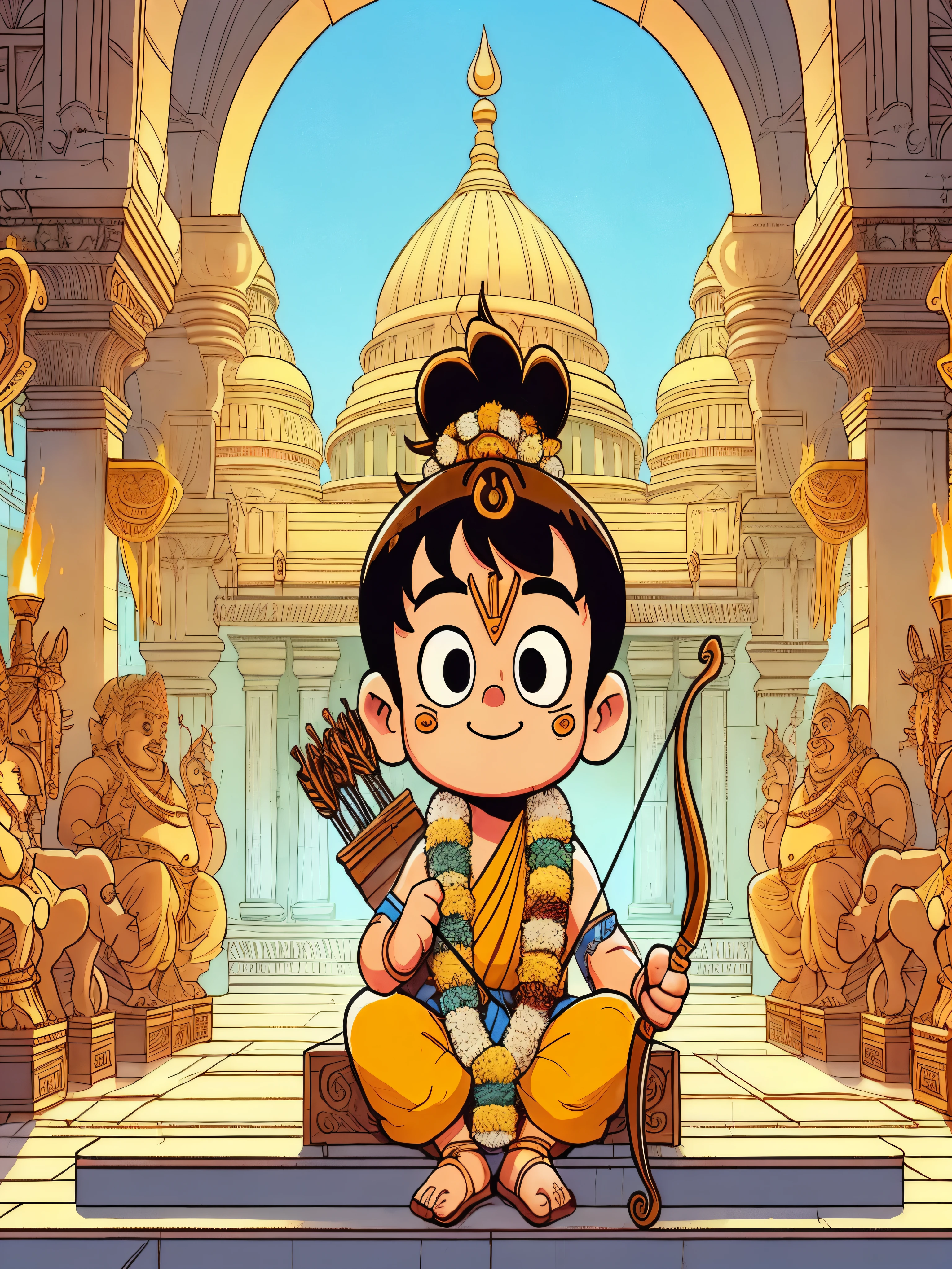 Draw a tintin style anime simple art of a kid avatar of Lord Rama with bow and arrows sitting on his throne in magnificent hindu temple, huge temple with big ceilings and beautiful walls, hindu sculptures, happy and cheerful, garland, celebration, ancient torches, beautiful color palette,