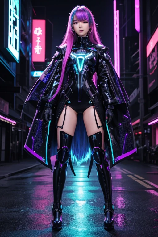 whole body视图. high heel military boots. full black. high quality, 8k ultra high definition, whole body, There is a cyber sword, A charming 20-year-old woman,Her future beauty seems to transcend time and space, intricately integrated into her being., Wrapped in a cybernetic suit, Movement is smooth and precise, Her flowing hair is like a stream of neon lights, Give off a vibrant glow,Add a touch of cyberpunk sparkle to her look, Every hair is carefully crafted,Holographic pattern with flashes and changes, Create a changing color display, By Yuki Sakura, Very detailed,