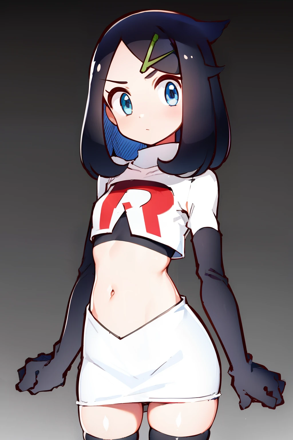 liko, 1girl, solo, flat chest,looking at viewer, blue eyes, black hair, hair ornament, hairclip, eyelashes, team rocket,team rocket uniform,white skirt,crop top,black thigh-highs,black elbow gloves,
