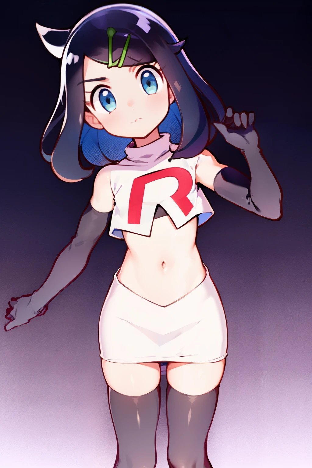 liko, 1girl, solo, flat chest,looking at viewer, blue eyes, black hair, hair ornament, hairclip, eyelashes, team rocket,team rocket uniform,white skirt,crop top,black thigh-highs,black elbow gloves,