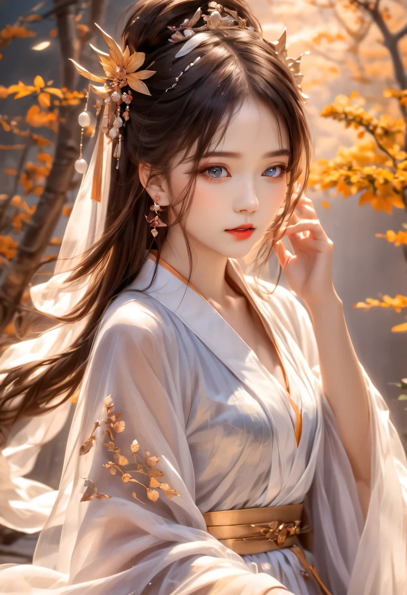 There is a woman in a white dress there, palace ,hanfu,ruqun, girl wearing hanfu, beautiful fantasy queen, ethereal beauty, 可爱的懒惰王子beautiful幻想女王, guweiz, Popular topics on cgstation, beautiful fantasy girl, Gurwitz style artwork, japanese goddess, author:Lengmei,perfect female body,thin waist,Detail fingers,thin legs,frown,Face红,nervous,beautiful_Face,(best quality,4K,8k,high resolution,masterpiece:1.2),Super detailed,(actual,realistically,realistically:1.37),outdoor,commerce,nar,earrings,