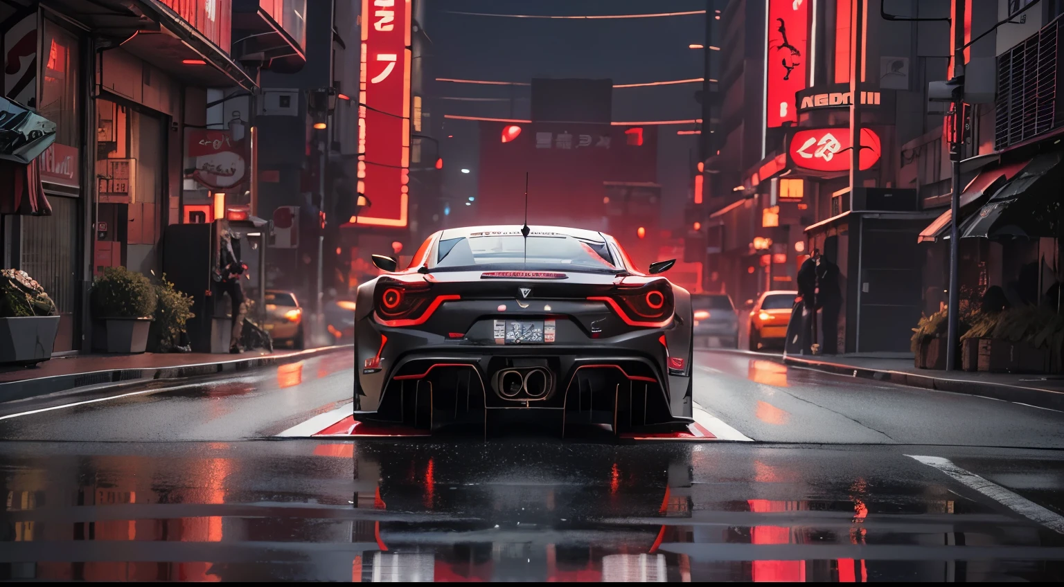 Best quality, masterpiece, ultra high res, Capture the -fueled excitement of a sleek, high-performance racing car dripping, in red and black contrast. full car show, from side, cyberpunk racing car, tokyo cyberpunk night,Detailed,Realistic,4k highly detailed digital art,octane render, bioluminescent, BREAK 8K resolution concept art, realism,by Mappa studios,masterpiece,best quality,official art,illustration,ligne claire,(cool_color),perfect composition,absurdres, fantasy,focused,rule of thirds,