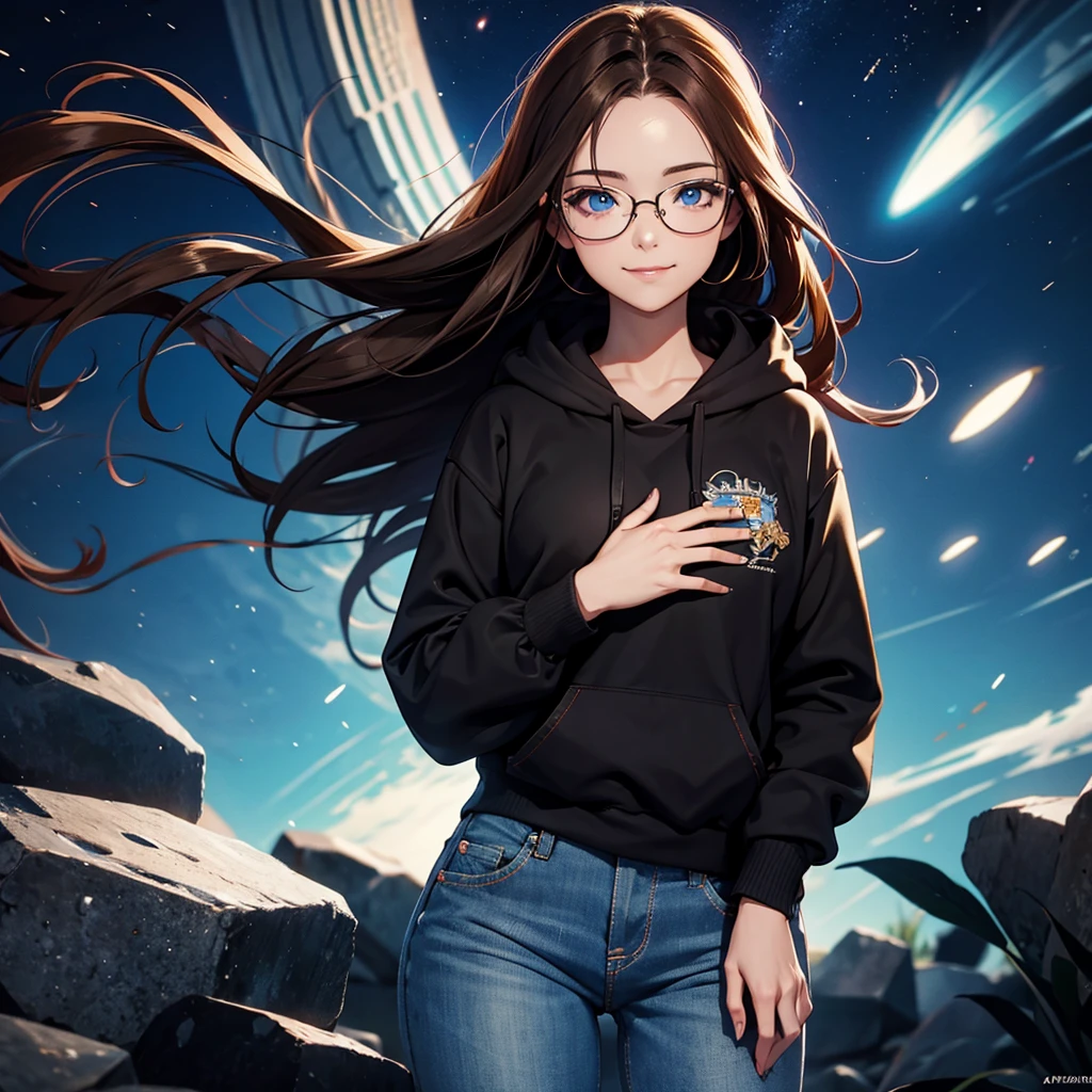 1 person picture, portait, masterpiece, (best quality) , very detailed, ultra detailed ,(alone), anime woman ( smiling, brown hair, clear forehead, blue eyes, black glasses, black hoodie, jeans), nightsky