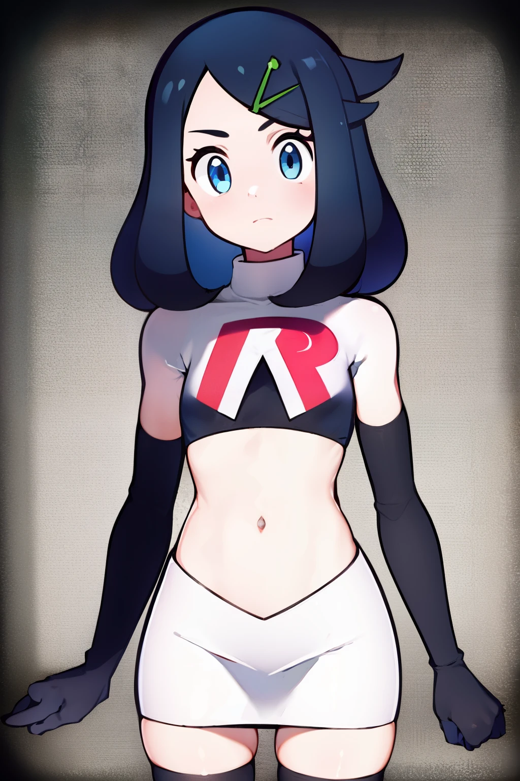 liko, 1girl, solo, flat chest,looking at viewer, blue eyes, black hair, hair ornament, hairclip, eyelashes, team rocket,team rocket uniform,white skirt,crop top,black thigh-highs,black elbow gloves,