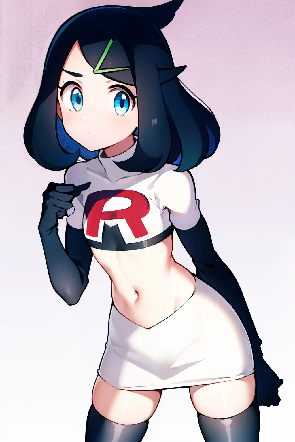 liko, 1girl, solo, flat chest,looking at viewer, blue eyes, black hair, hair ornament, hairclip, eyelashes, team rocket,team rocket uniform,white skirt,crop top,black thigh-highs,black elbow gloves,