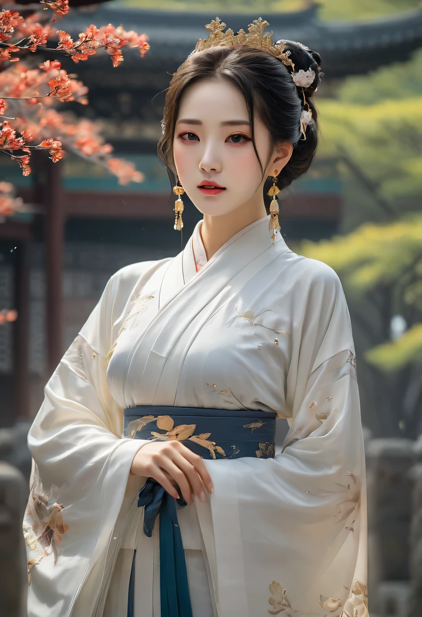 There is a woman in a white dress there, palace ,hanfu,ruqun, girl wearing hanfu, beautiful fantasy queen, ethereal beauty, 可爱的懒惰王子beautiful幻想女王, guweiz, Popular topics on cgstation, beautiful fantasy girl, Gurwitz style artwork, japanese goddess, author:Lengmei,perfect female body,thin waist,Detail fingers,thin legs,frown,Face红,nervous,beautiful_Face,(best quality,4K,8k,high resolution,masterpiece:1.2),Super detailed,(actual,realistically,realistically:1.37),outdoor,commerce,nar,earrings,