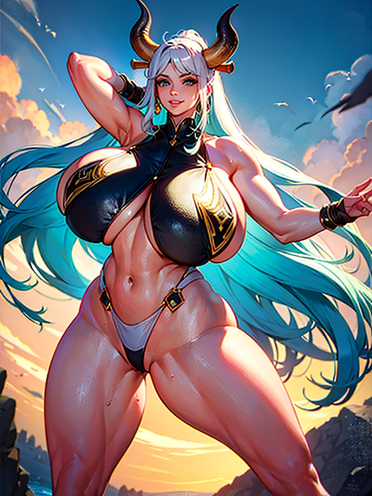 1 woman, One woman With Her Back Turned, yamato, in posing picture, focus on ass, ass view, sign of a slap a buttock, long hair, multicolored hair, aqua hair, white hair, two-tone hair, high ponytail, horns, multicolored horns, hair ornament, japanese clothes, bare feets, (huge breasts:1.5), large breasts, goddess, big chest, beautiful anime woman, Photorealistic, perfect body, Realistic queen, Voluptuous body, big ass, muscolar ass, muscolar legs, ((smile)), (abdominals:1.4), 27-year-old, 7headed body, (cute face), (Ideal ratio body proportions), Wearing sweat, Smiling smile, long-hair, beauty legs, Skinny Legs, surrealism, Ultra Quality, Masterpiece, Ethereal,Ultra-Detailed,8K, breathtaking beauty, vivid colors reflects, back-side view