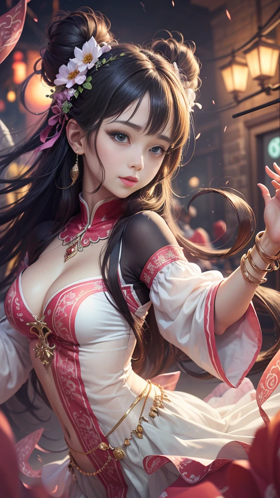 New Year's Eve,The beautiful little fairy wears a white neon dress embroidered with gold cloud patterns.,The flowing cloud bun reflects its classical beauty,Soft look,Smile with the hope and joy of the New Year,Spring Festival atmosphere,Surround the Pipa,Dancing,Wonderful wonderland around,Silk Road Flower Rain,Flying dances,Dunhuang style,national current,anime illustration,Featuring a playful character design style,Ultra high definition animation CG,3D rendering,Beautiful two-dimensional,Spring Festival poster,ultra HD16k。