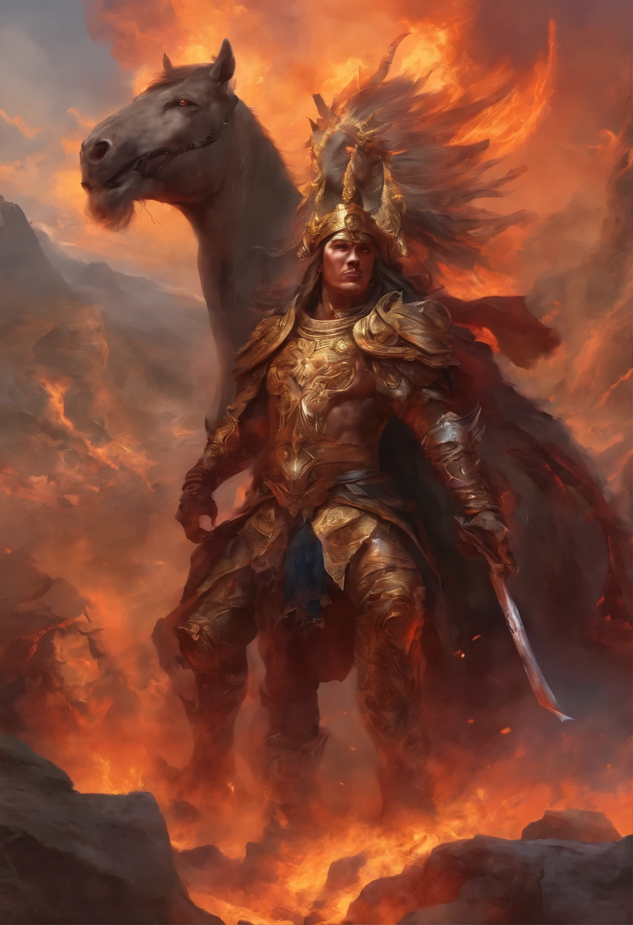 An 8K high-definition portrait, God of hell with tribal ornaments, standing like hero in a crowd fighting war lava land with lots of horse, hell gate, stake of skulls, heroic look, masterpiece, ultradetail, 8k