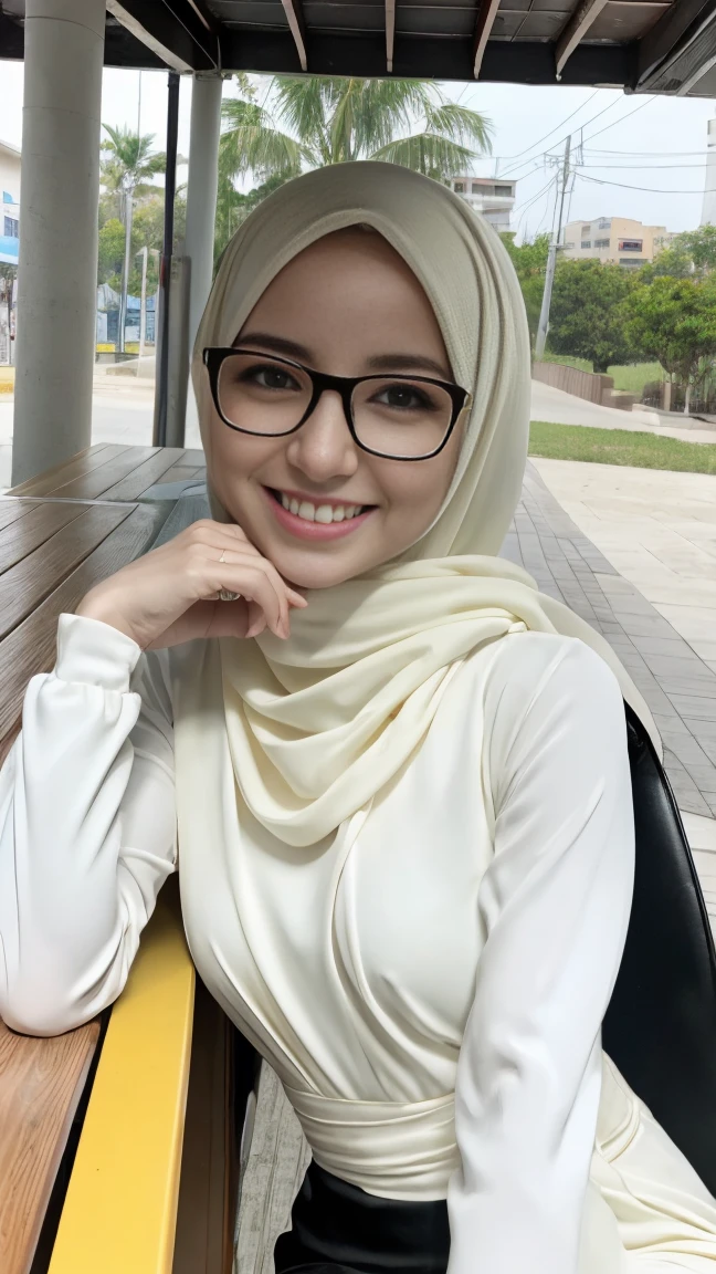 photography, young woman with smile face, long pastel white hijab with dress, wide-frame glasses, big breasts, sitting on the bench by the beach while seductively looking at me, tilted her head, perfect fingers, perfect hands, perfect body, perfect beautiful face, white teeth, close up, flirting with viewer, haired hands, background digital art graffiti on black wall, ultra details any aspect of drawing, UHD 8K