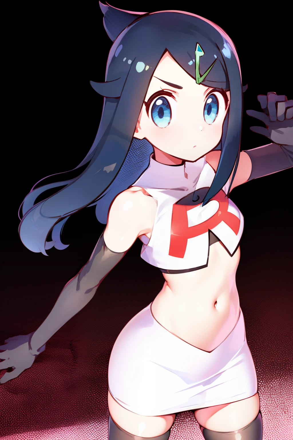 liko, 1girl, solo, flat chest,looking at viewer, blue eyes, black hair, hair ornament, hairclip, eyelashes, team rocket,team rocket uniform,white skirt,crop top,black thigh-highs,black elbow gloves,