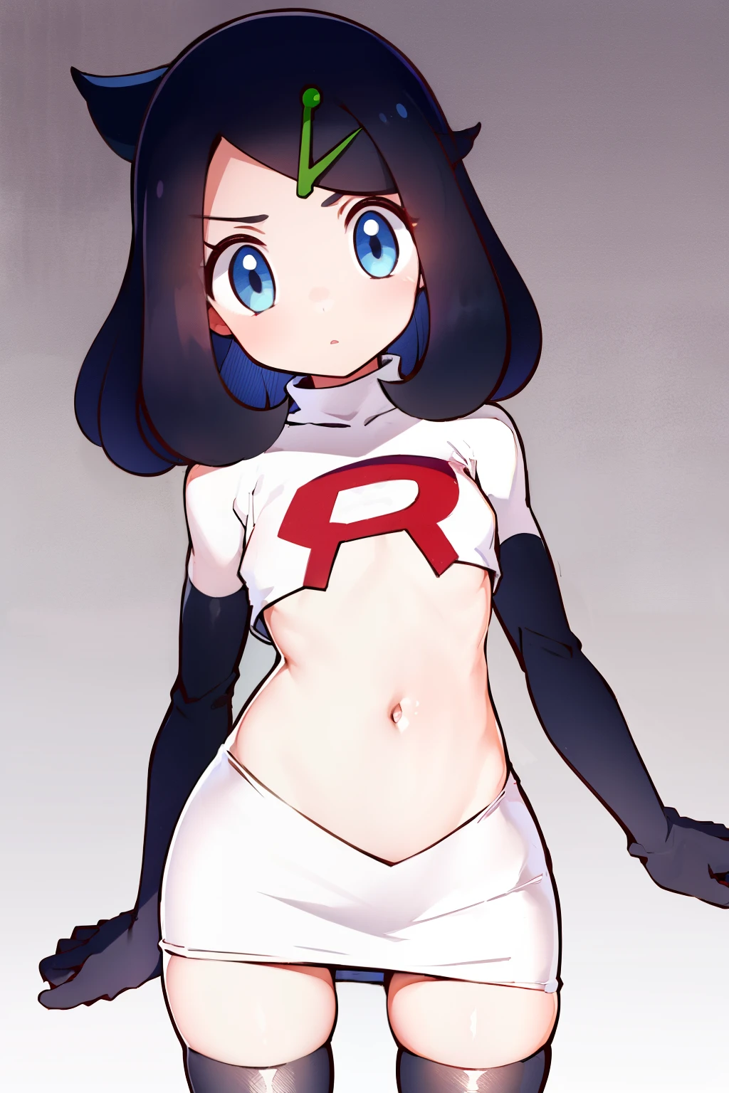 liko, 1girl, solo, flat chest,looking at viewer, blue eyes, black hair, hair ornament, hairclip, eyelashes, team rocket,team rocket uniform,white skirt,crop top,black thigh-highs,black elbow gloves,