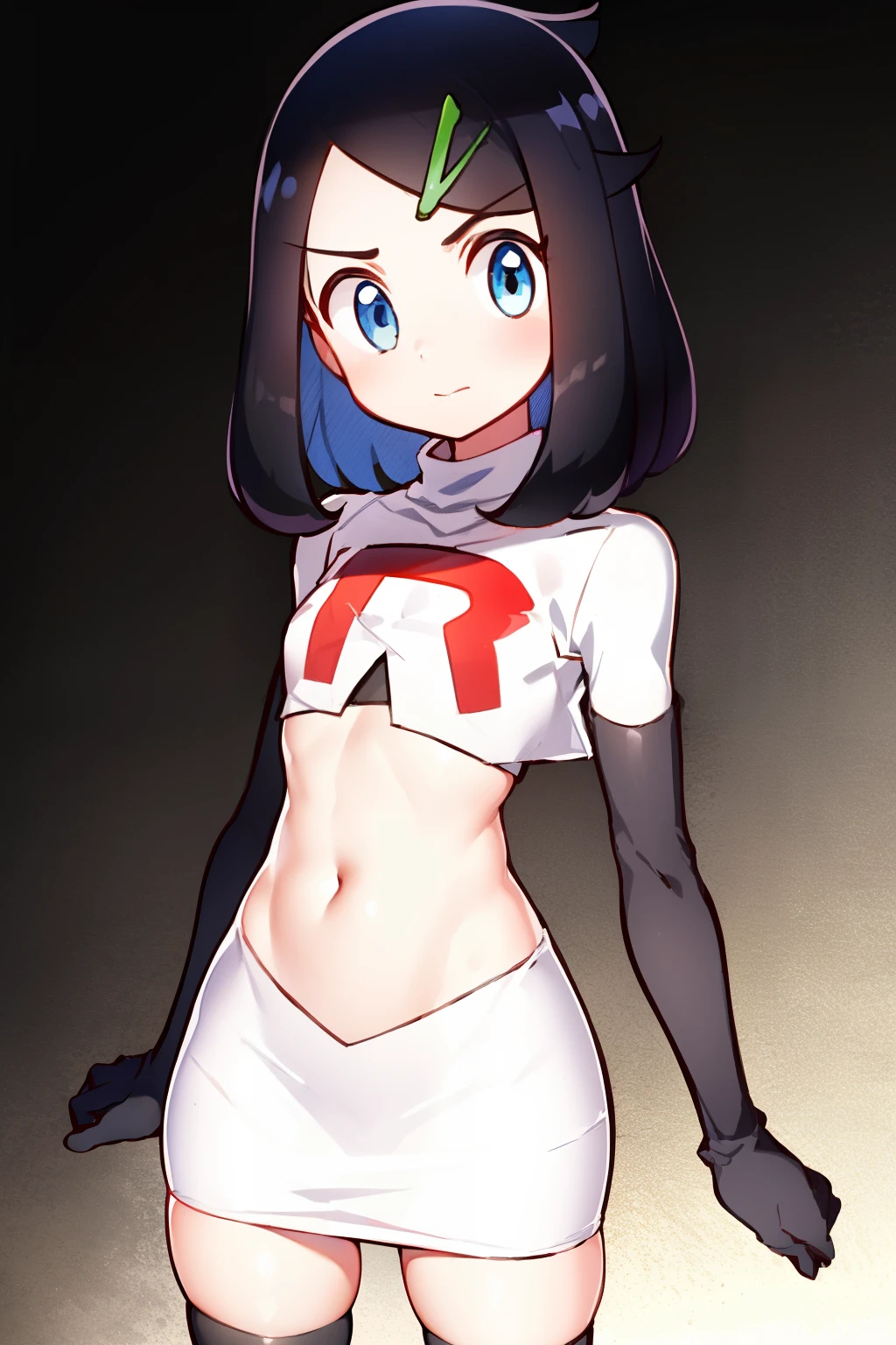 liko, 1girl, solo, flat chest,looking at viewer, blue eyes, black hair, hair ornament, hairclip, eyelashes, team rocket,team rocket uniform,white skirt,crop top,black thigh-highs,black elbow gloves,