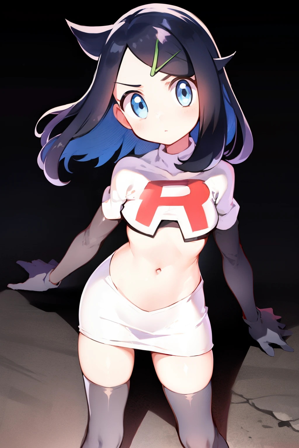 liko, 1girl, solo, flat chest,looking at viewer, blue eyes, black hair, hair ornament, hairclip, eyelashes, team rocket,team rocket uniform,white skirt,crop top,black thigh-highs,black elbow gloves,