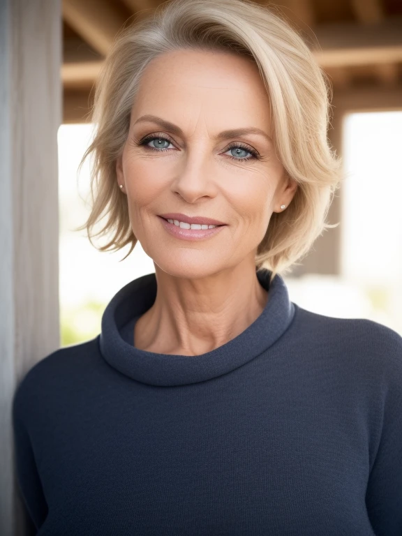 50yo european woman, mature, beautiful female arafed model, eye wrinkle , wrinkles around mouth, forehead wrinkle, attractive beautiful face, blond hair with blond highlights, big saggy boobs, fotorealistisch, Sommersprossen Gesicht, Cinematically beautiful natural skin, fit body, beautiful model girl, guckt direkt in die Kamera, RAW Fotografie sehr realistisch, shot taken from hip height, smile, hair tied up, bags under the eyes, full body, emphasis on face details, sultry and mysterious smile, tight sweatshirt, blue jeans, protruding nipples