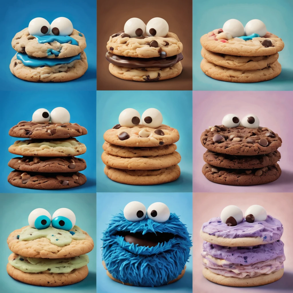 (extreme Soft Color Tones), (best quality, highres, ultra-detailed), (realistic:1.37)

Image divided into 8 parts, catalog of different types of "Cookie Monster", (Soft Color Tones), (concept artists), natural lighting