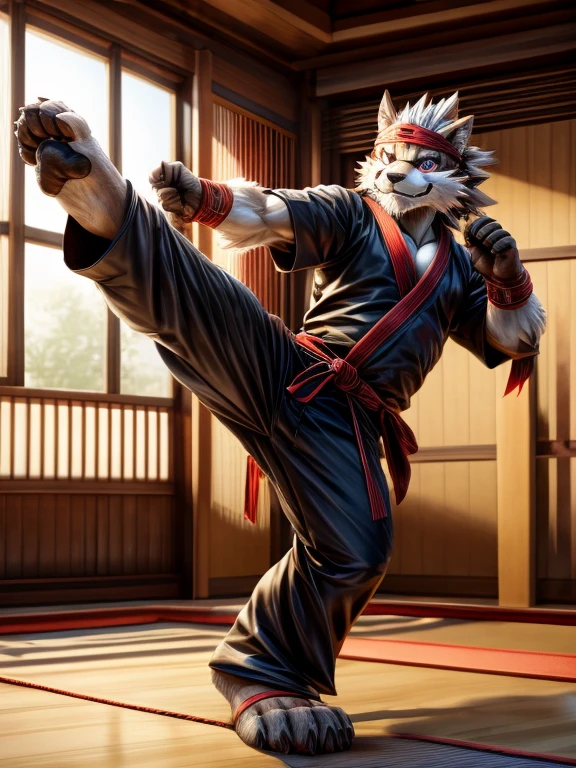 Barefoot Tadatomo, practising in dojo, black ninja outfit, red Headband bandana, long pants with heel grip, nice big feet paws, Hausamo style, Tokyo afterschool summoners, 