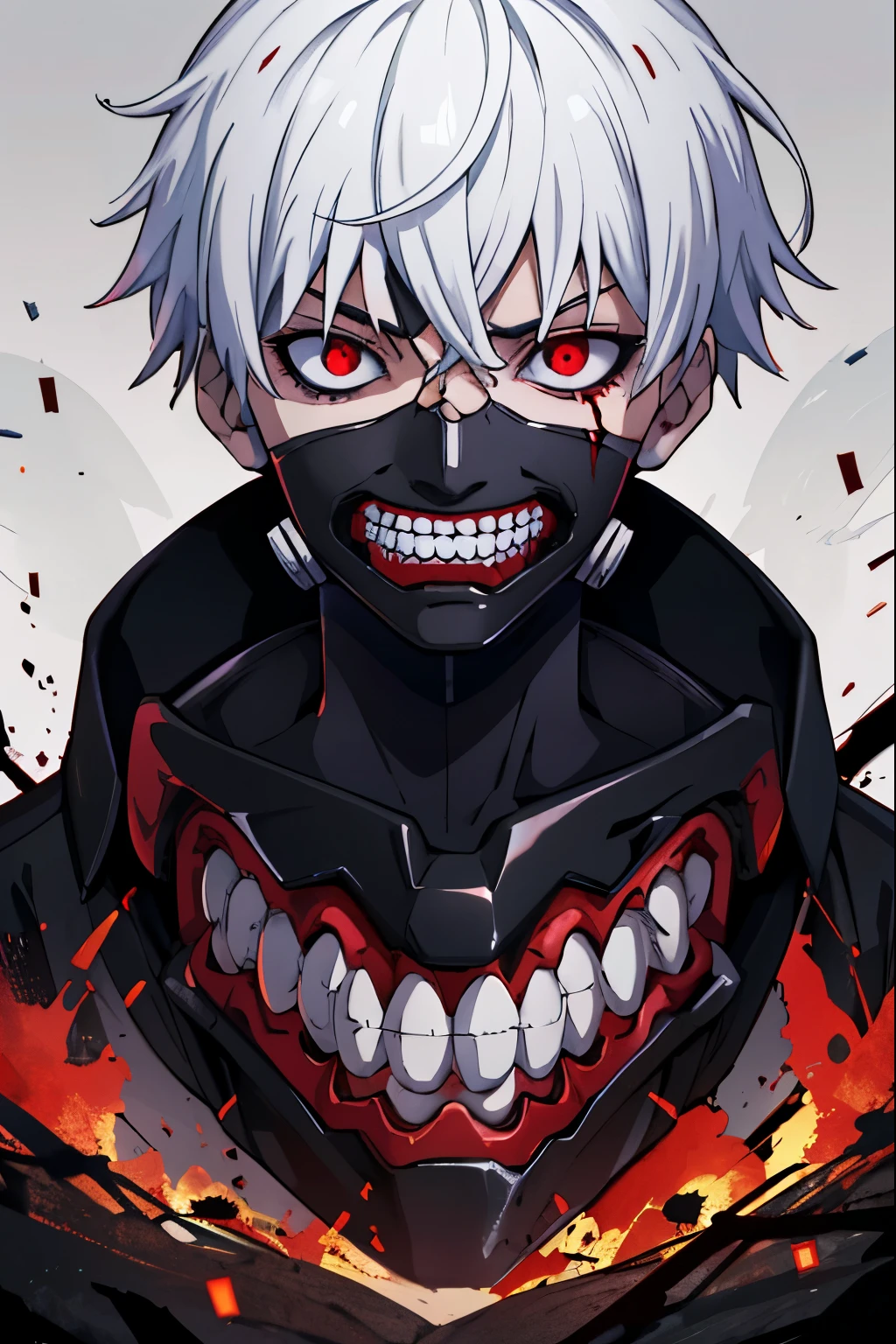 8k, anime, portrait, best quality, ultra high res, ultra detailed, high quality:1.4), (kaneki ken), white hair, red and black eye, mask | teeth, blood eyes, black jacket, white background, evil smile, evil, horror, sharp eyes, sharp teeth