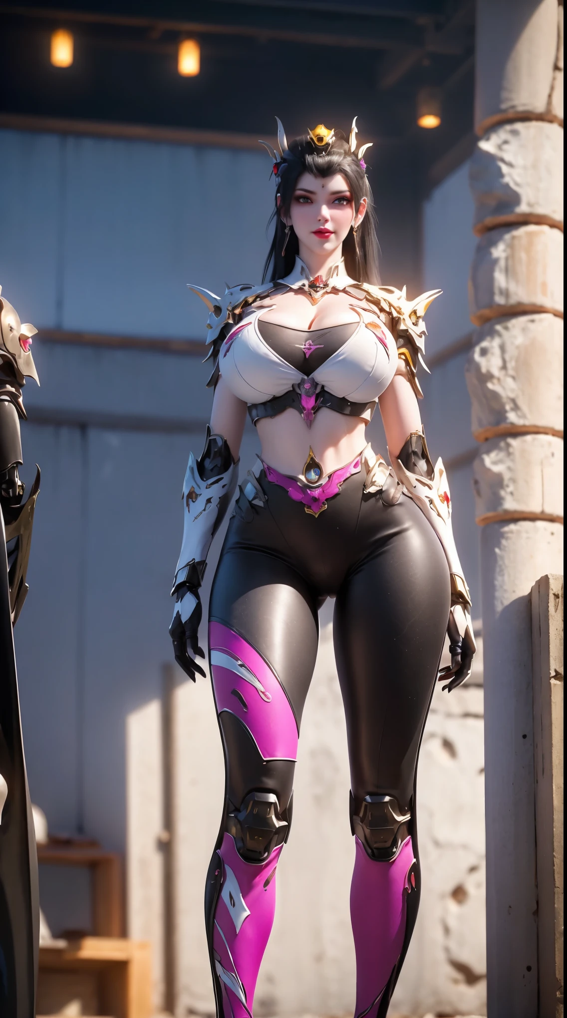 (super detailed face), ((BIG BUTTOCKS, HUGE BREASTS:1.5)), (CLEAVAGE TOP:1.5), (MUSCLE ABS FEMALE:1.4), (MECHA GUARD ARMS,GLOVE:1.4), ((WEAR MAGENTA OVERWATCH MECHANICAL ARMOR CROPTOP, BLACK MECHANICAL SKINTIGHT SUIT PANTS, MECHA GUARD ARMOR LEGS:1.5)), (MUSCULAR BODY:1.3), (GLOSSY SKIN:0.8), (POTRAIT:1.1), (LOOKING AT VIEWER:1.3), (female focus:0.886), (WALKING DOWN HALLWAY OF FUTURISTIC SPACE STATION:1), (BRIGHT LIGHT WHITE_ROOM:1.3), SUPER TEXTURE, UNREAL ENGINE RENDER, PHYSICALLY-BASED RENDERING, ULTRA HIGHT DEFINITION, 16K, 1080P.