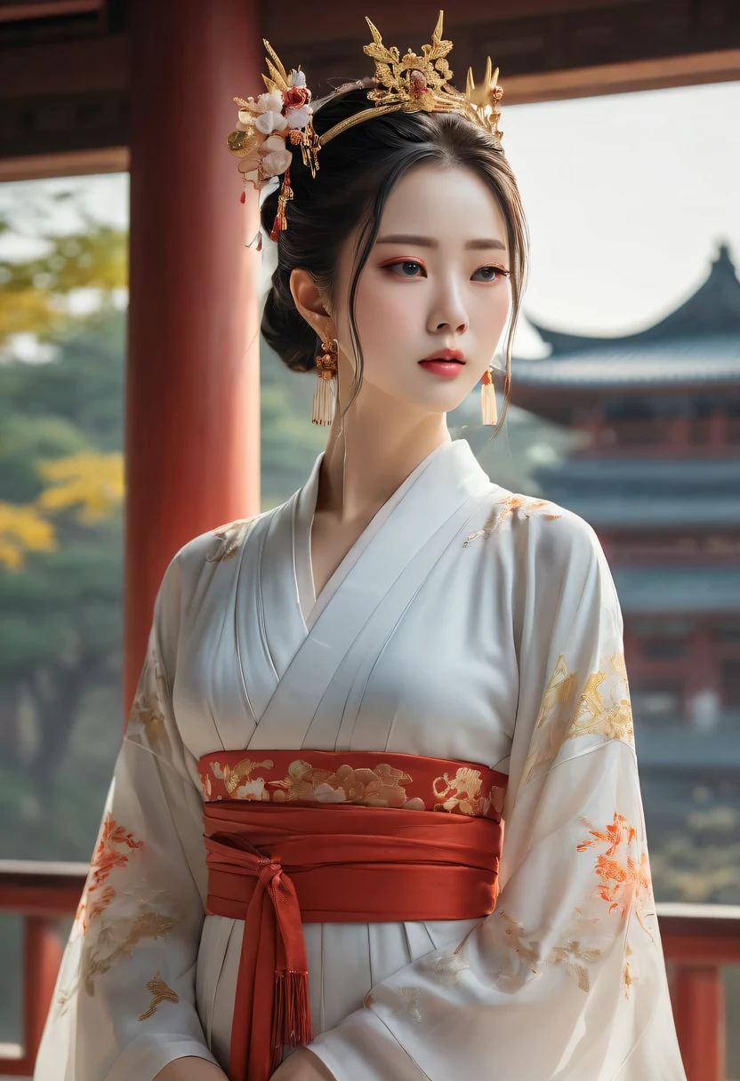 There is a woman in a white dress there, palace ，hanfu,ruqun, girl wearing hanfu, beautiful fantasy queen, ethereal beauty, 可爱的懒惰王子beautiful幻想女王, guweiz, Popular topics on cgstation, beautiful fantasy girl, Gurwitz style artwork, japanese goddess, author：Lengmei，perfect female body,thin waist,Detail fingers,thin legs,frown,Face红,nervous,beautiful_Face,(best quality,4K,8k,high resolution,masterpiece:1.2),Super detailed,(actual,realistically,realistically:1.37),outdoor,commerce，nar，earrings，