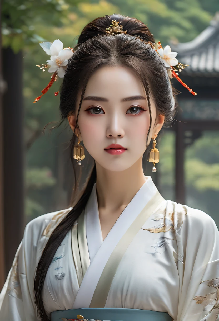 There is a woman in a white dress there, palace ，hanfu,ruqun, girl wearing hanfu, beautiful fantasy queen, ethereal beauty, 可爱的懒惰王子beautiful幻想女王, guweiz, Popular topics on cgstation, beautiful fantasy girl, Gurwitz style artwork, japanese goddess, author：Lengmei，perfect female body,thin waist,Detail fingers,thin legs,frown,Face红,nervous,beautiful_Face,(best quality,4K,8k,high resolution,masterpiece:1.2),Super detailed,(actual,realistically,realistically:1.37),outdoor,commerce，nar，earrings，