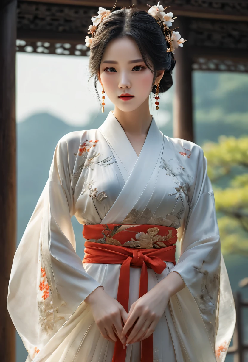 There is a woman in a white dress there, palace ，hanfu,ruqun, girl wearing hanfu, beautiful fantasy queen, ethereal beauty, 可爱的懒惰王子beautiful幻想女王, guweiz, Popular topics on cgstation, beautiful fantasy girl, Gurwitz style artwork, japanese goddess, author：Lengmei，perfect female body,thin waist,Detail fingers,thin legs,frown,Face红,nervous,beautiful_Face,(best quality,4K,8k,high resolution,masterpiece:1.2),Super detailed,(actual,realistically,realistically:1.37),outdoor,commerce，nar，earrings，