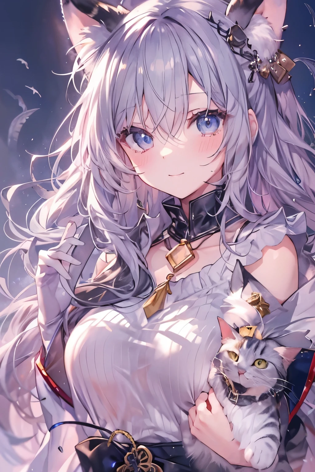 silver hair、cat collar black、eyes with sparkling flames、tits、belly button、japan town tokyo、Staring at the sky、first field view、wavy ponytail、hair on shoulders、very long hair、very thick hair、beautiful and fine eyes、golden eyes、eyes like jewels、Diamond-shaped eyes、hug your feet、detailed jewel leather collar、twin tails、sunglasses、amber eyes、beast ears、smile、embarrassing、blush、Tears、high detail、anime、romanticism、shine、silhouette、Depth of bounds written、UHD、retina、masterpiece、correct、anatomically correct、textured skin、super detail、high detail、award-winning、最high quality、high resolution、high quality、16k、cleavage