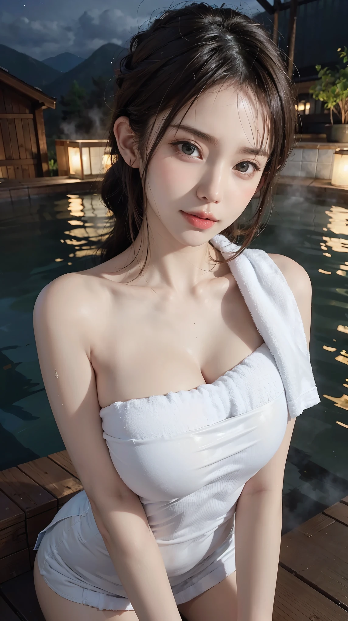 BREAK,(naked towel:1.4)、(white towel:1.3)、(fluffy towel:1.7)、Open-air hot spring at night、((highest quality、8K、16K、masterpiece:1.3))、beautiful woman with perfect figure:1.4、perfect beauty:1.4、detailed face、detailed eyes、double eyelid、(sharp focus:1.2)、(photorealistic:1.4)、sexy look、high quality shadow、((beautiful big breasts:1.5))、cleavage、(((shiny skin:1.5))、slender body、slender:1.1)、thin healthy abs、shiny skin、look at the camera、35mm、nikon、ticker、retina、muste piece、curate、anatomically correct、textured skin、super detail、high details、best quality、High resolution、1080p、(((I'm up to my chest in a hot spring outside at night.:1.5)))