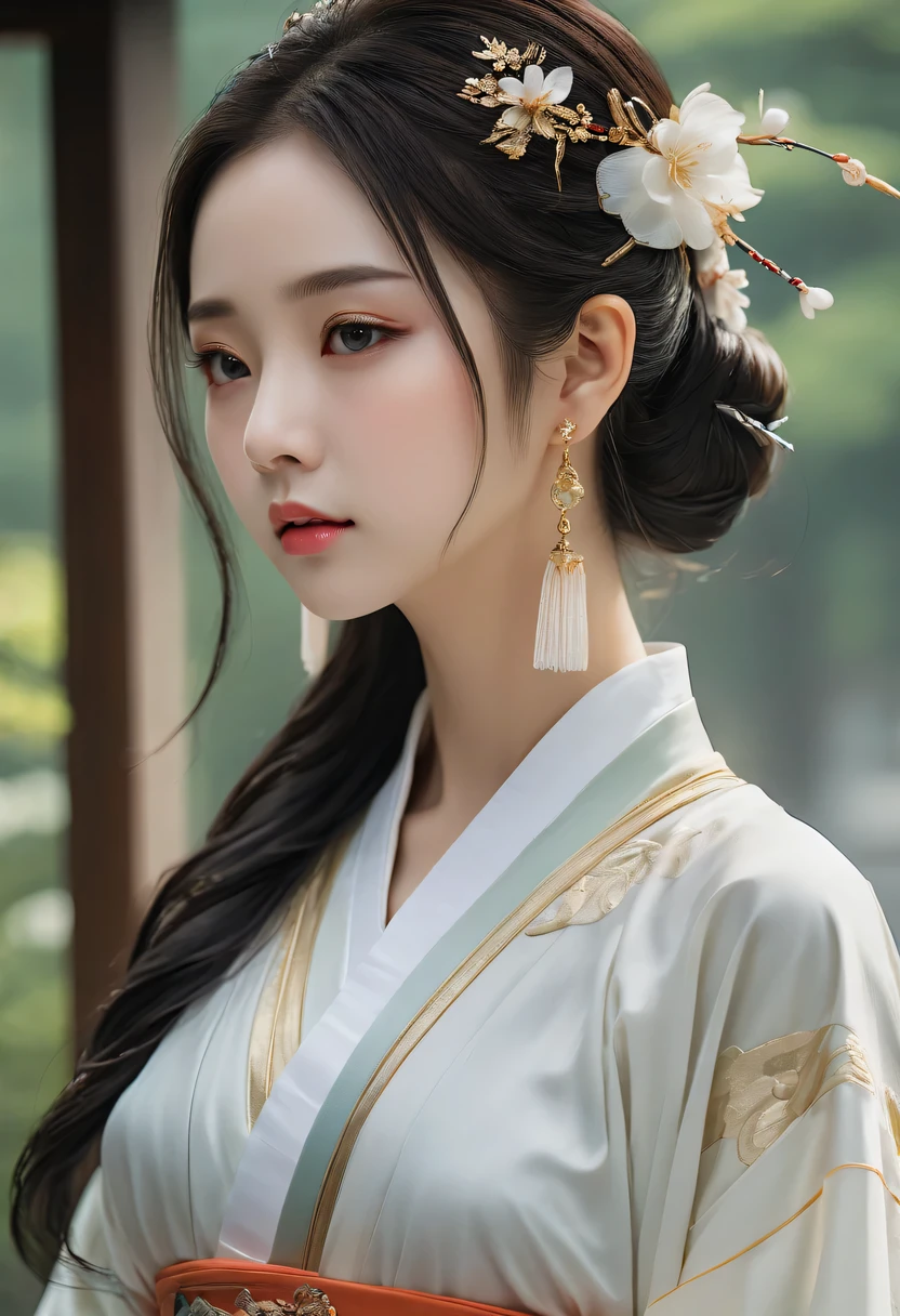 There is a woman in a white dress there, palace ,hanfu,ruqun, girl wearing hanfu, beautiful fantasy queen, ethereal beauty, 可爱的懒惰王子beautiful幻想女王, guweiz, Popular topics on cgstation, beautiful fantasy girl, Gurwitz style artwork, japanese goddess, author:Lengmei,perfect female body,thin waist,Detail fingers,thin legs,frown,Face红,nervous,beautiful_Face,(best quality,4K,8k,high resolution,masterpiece:1.2),Super detailed,(actual,realistically,realistically:1.37),outdoor,commerce,nar,earrings,