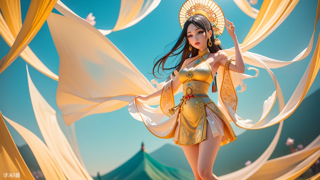 8k, RAW photo, best quality, masterpiece:1.2), (realistic, photo-realistic:1.4), (extremely detailed CG unity 8k wallpaper), (1 girl:1.5), (hug each other, Looking at the lens: 1.4),burmese Beauty, (up white clothes,down gold clothes: 1.4), crown on forehead, pale skin, blush, big eyes, thighs, open navel, gold waist chain, gold jewelry, flying ribbons, particles, (aerial photography: 1.5) The background is Mahar pagoda mandalay Ancient City, ancient city walls, desert, dance, dunhuang_dress, dunhuang_style, PARENT INFO