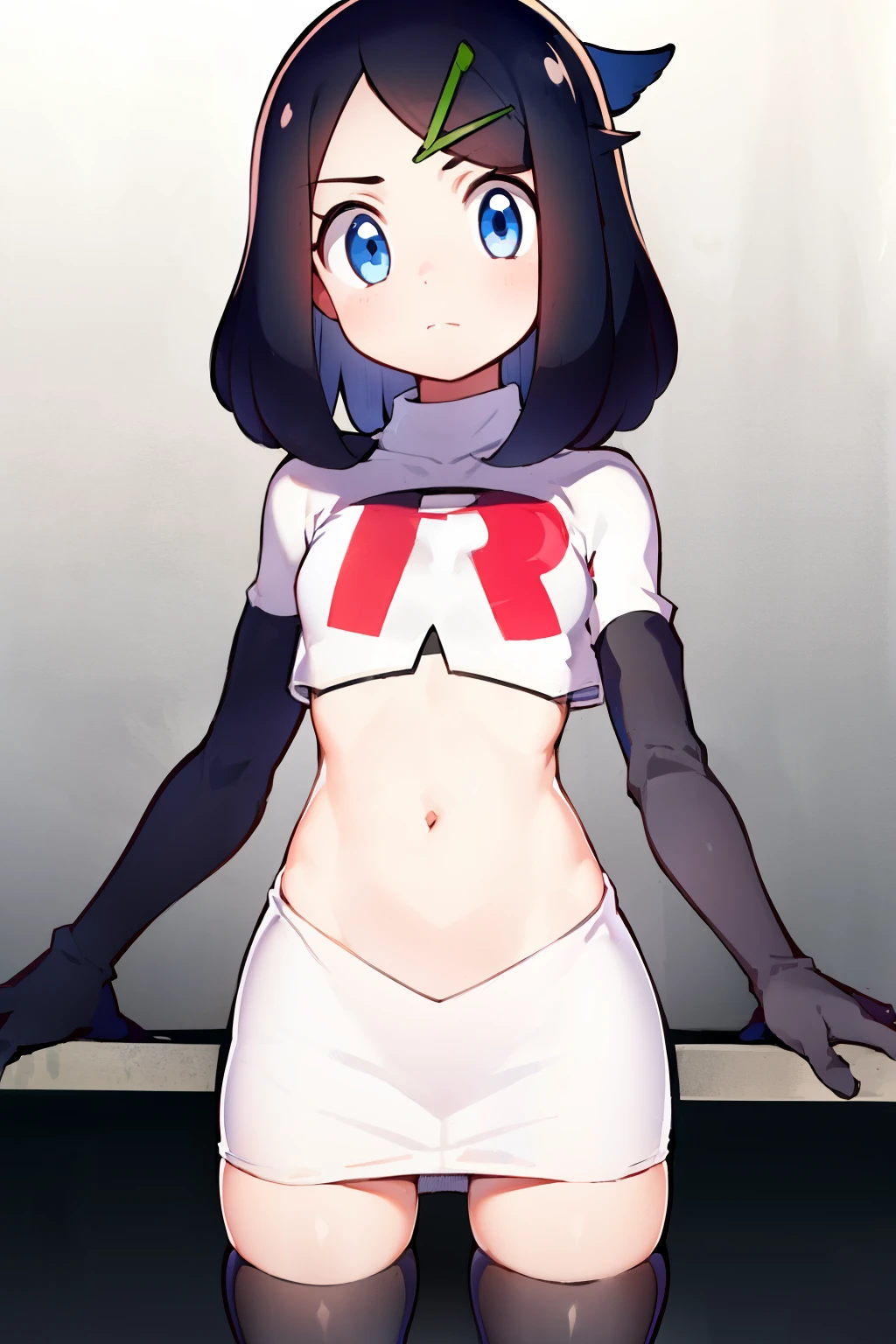 liko, 1girl, solo, flat chest,looking at viewer, blue eyes, black hair, hair ornament, hairclip, eyelashes, team rocket,team rocket uniform,white skirt,crop top,black thigh-highs,black elbow gloves,